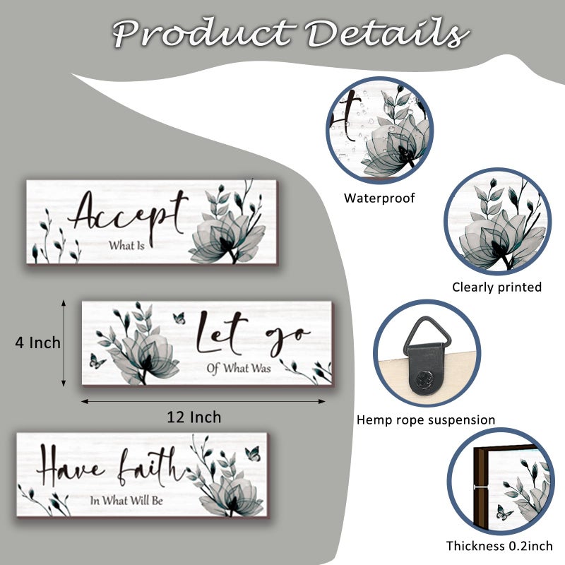 ONIZHITY 3 Pcs Black And White Bathroom Decor Rustic Flower Black Wall Art Accept Let Go Have Faith Farmhouse Bedroom Wall Decor Wooden Inspirational Quotes Grey Decoration for Living Room(Black 12 x 4 Inches) - Image 5